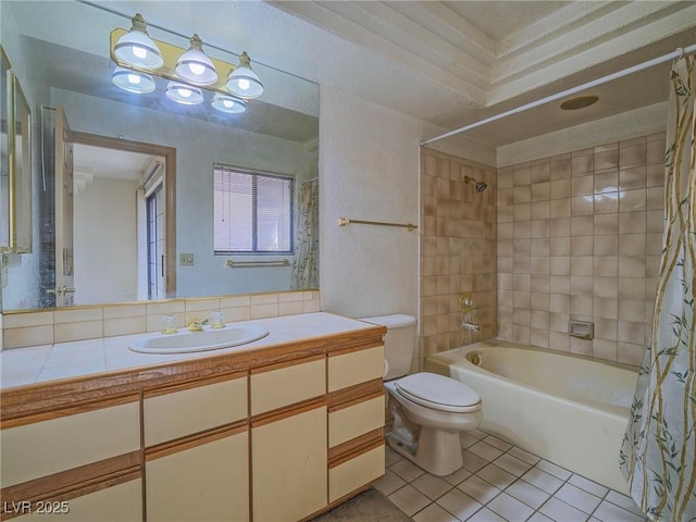 full bathroom with toilet, vanity, tile patterned flooring, and shower / tub combo