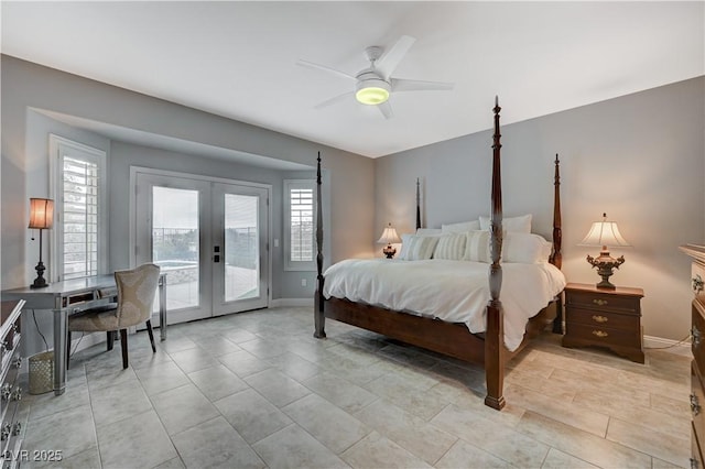 bedroom with access to outside, french doors, and ceiling fan