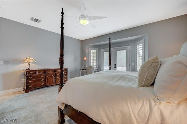 bedroom featuring access to exterior, ceiling fan, and french doors