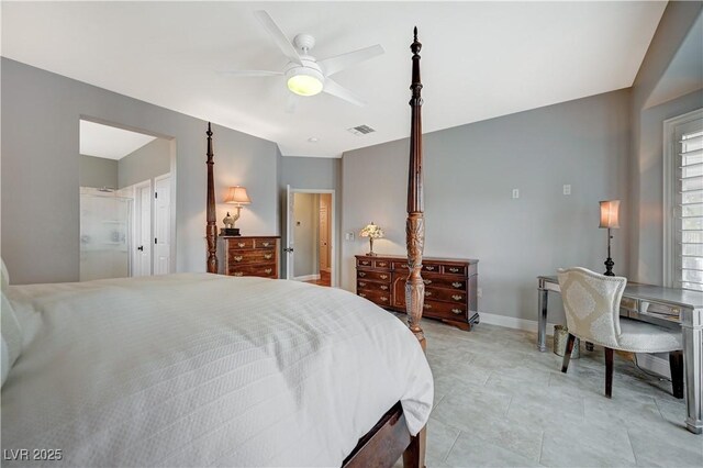 bedroom with ensuite bathroom and ceiling fan