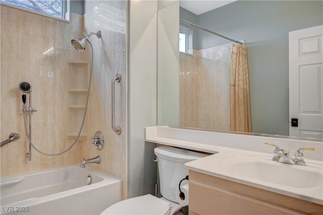 full bathroom featuring shower / bathtub combination with curtain, vanity, and toilet