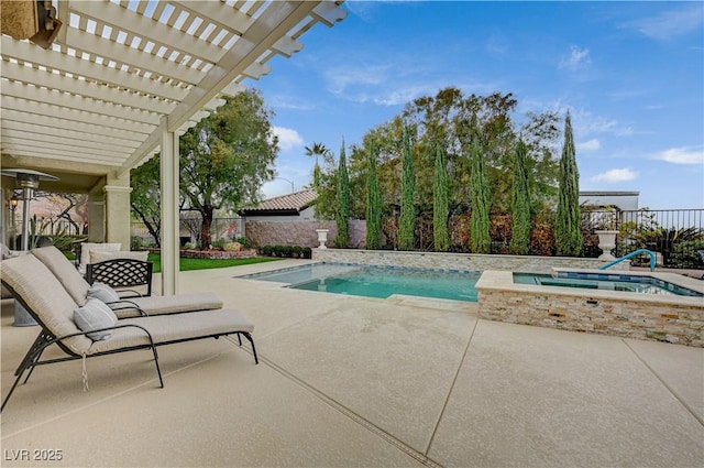 view of swimming pool with an in ground hot tub, a patio area, and a pergola