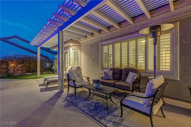 patio terrace at dusk with an outdoor living space and a pergola