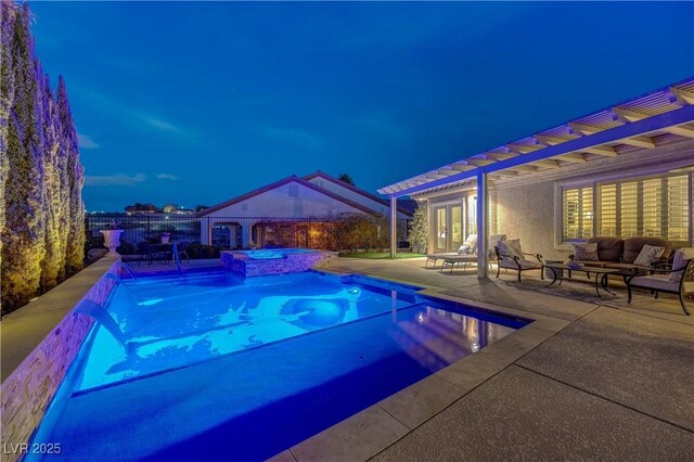 view of swimming pool featuring a pergola, a patio area, french doors, pool water feature, and an in ground hot tub