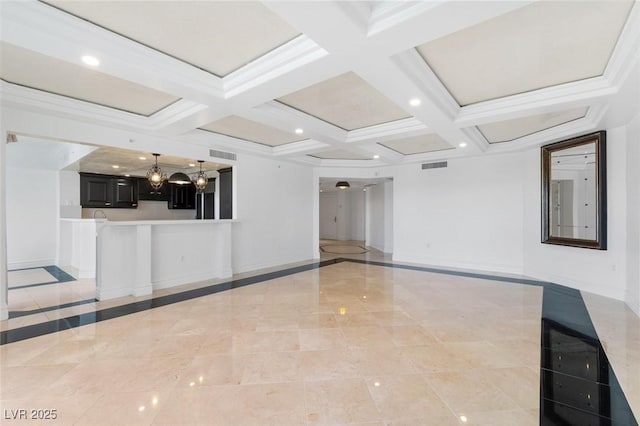 empty room featuring coffered ceiling, visible vents, and baseboards