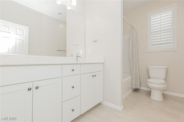 full bathroom featuring toilet, shower / tub combo, tile patterned flooring, and vanity