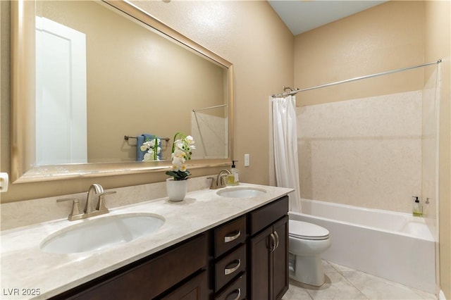 full bathroom featuring toilet, tile patterned flooring, shower / bath combination with curtain, and vanity