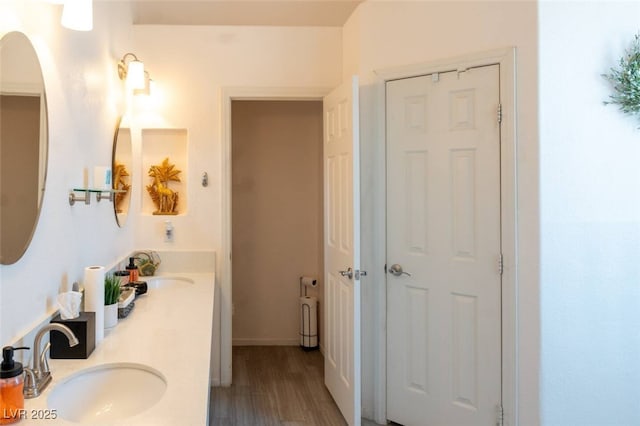 bathroom featuring vanity and hardwood / wood-style flooring