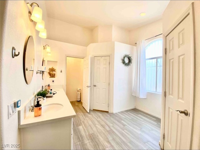 bathroom featuring hardwood / wood-style flooring and vanity