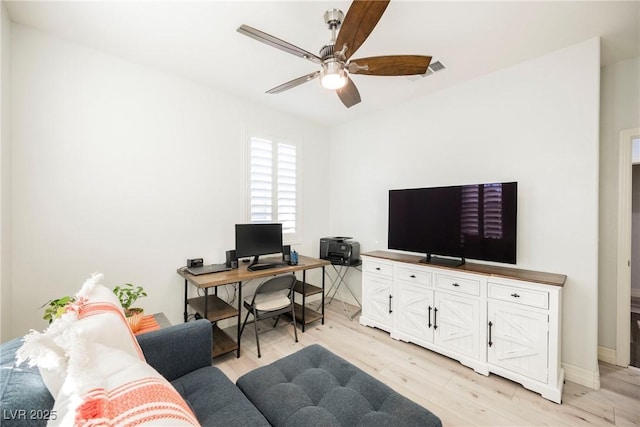 office space with ceiling fan and light wood-type flooring