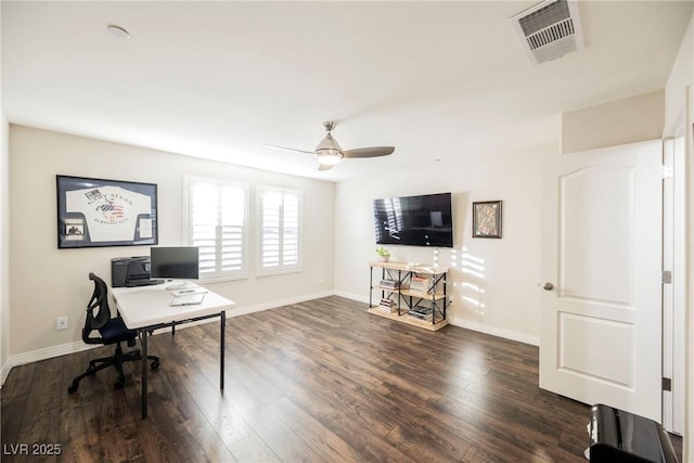 office area with dark hardwood / wood-style flooring and ceiling fan