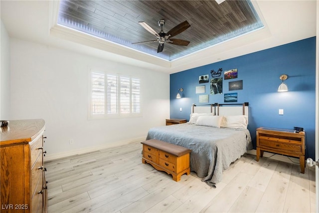 bedroom featuring a raised ceiling, ceiling fan, wood ceiling, and light hardwood / wood-style flooring