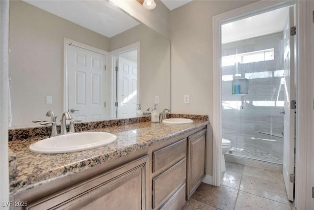 bathroom featuring vanity, toilet, and a shower with door