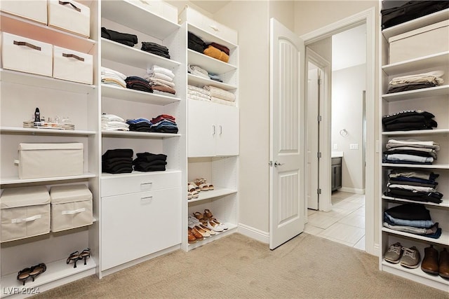 walk in closet with light carpet