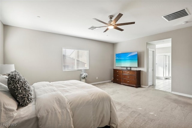 carpeted bedroom with ceiling fan