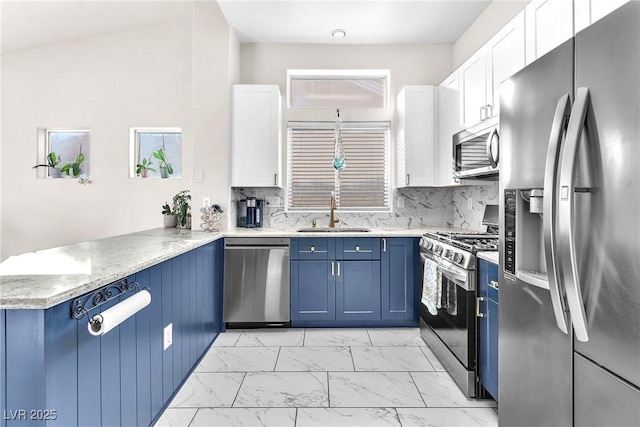 kitchen featuring blue cabinetry, sink, kitchen peninsula, stainless steel appliances, and white cabinets