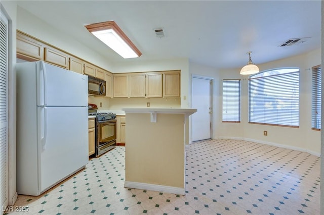 kitchen with a kitchen island, range with gas stovetop, white refrigerator, hanging light fixtures, and light brown cabinets