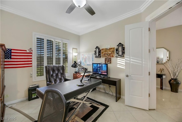 office space with ceiling fan, light tile patterned floors, and ornamental molding