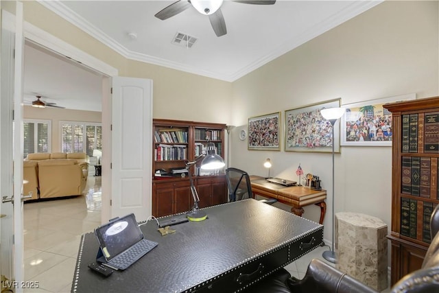 tiled office featuring ceiling fan and crown molding