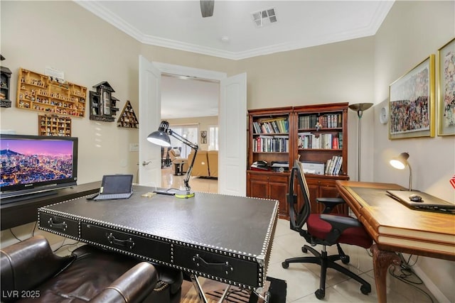 tiled office space with crown molding