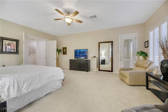 bedroom featuring ceiling fan, access to outside, and carpet flooring