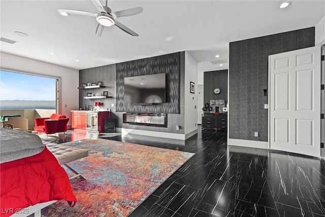 bedroom with wine cooler and ceiling fan