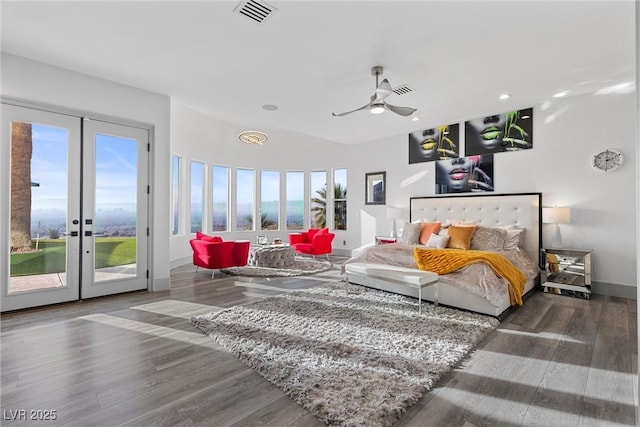 bedroom with hardwood / wood-style floors, multiple windows, french doors, access to outside, and ceiling fan