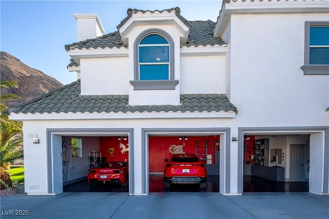 garage with a mountain view