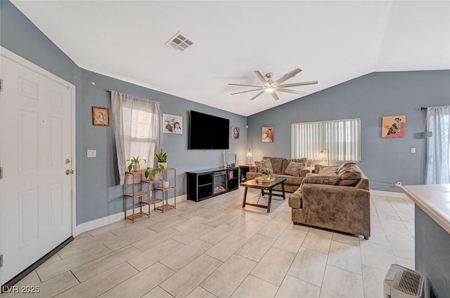 living room with lofted ceiling and ceiling fan