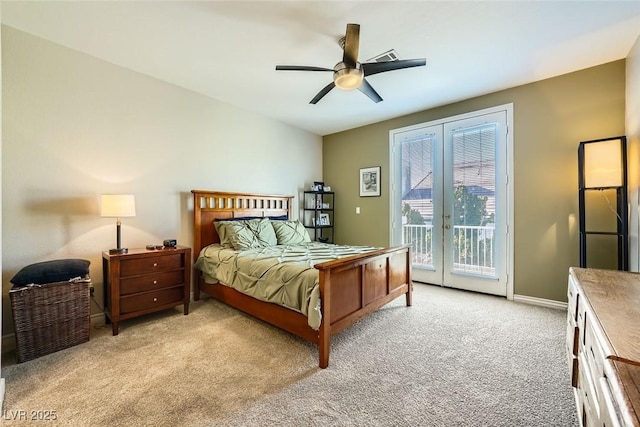 bedroom featuring ceiling fan, light carpet, access to outside, and french doors