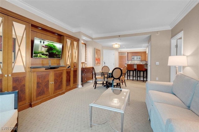 living room with crown molding, light colored carpet, and french doors