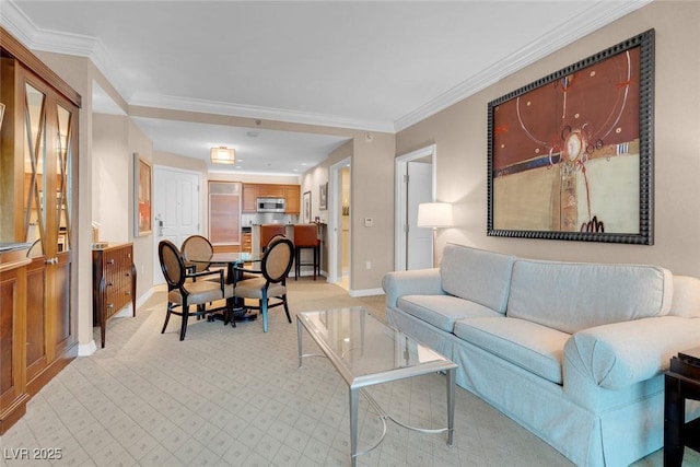 living room featuring crown molding