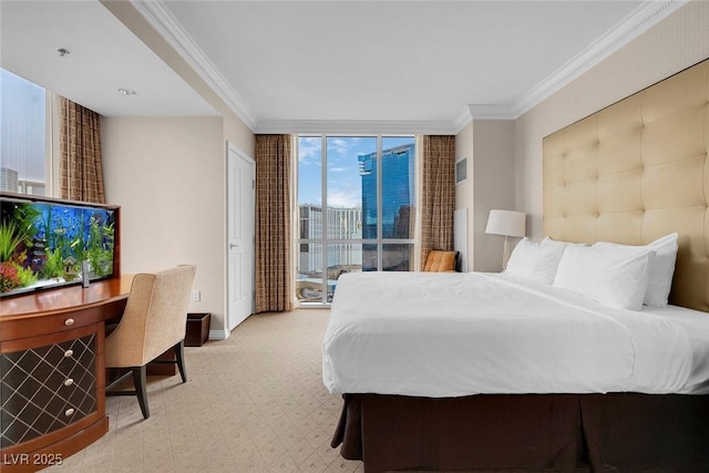 bedroom featuring floor to ceiling windows and crown molding