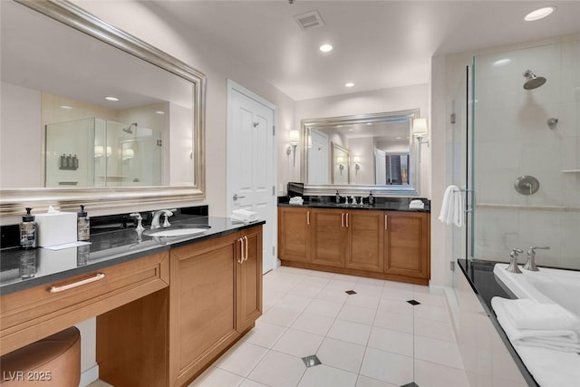 bathroom with vanity, separate shower and tub, and tile patterned flooring