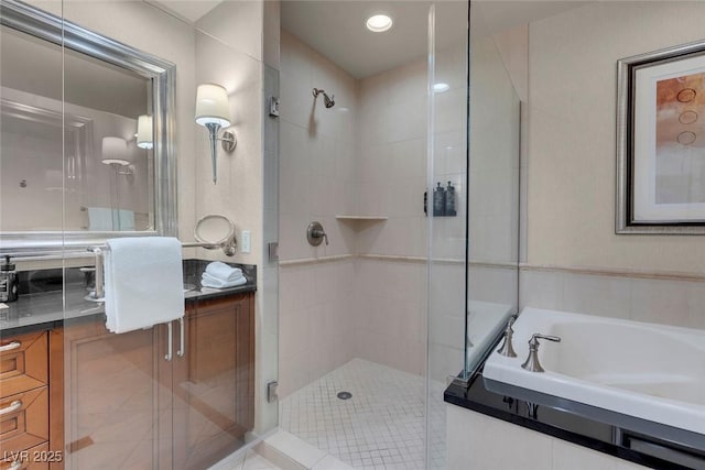 bathroom with tile patterned floors and plus walk in shower