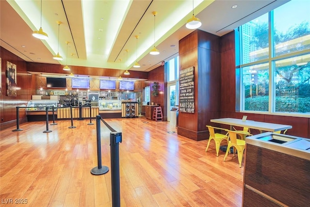 game room featuring plenty of natural light, wooden walls, and light hardwood / wood-style floors