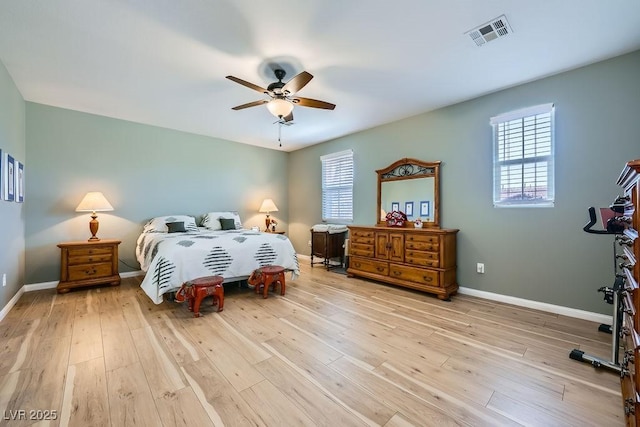 bedroom featuring ceiling fan and light hardwood / wood-style floors