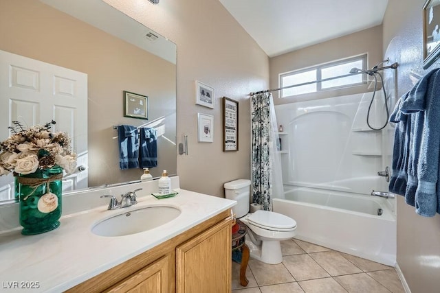 full bathroom featuring toilet, tile patterned flooring, shower / bath combination with curtain, vaulted ceiling, and vanity