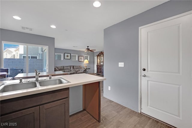 kitchen featuring ceiling fan, dark brown cabinets, sink, and light hardwood / wood-style floors