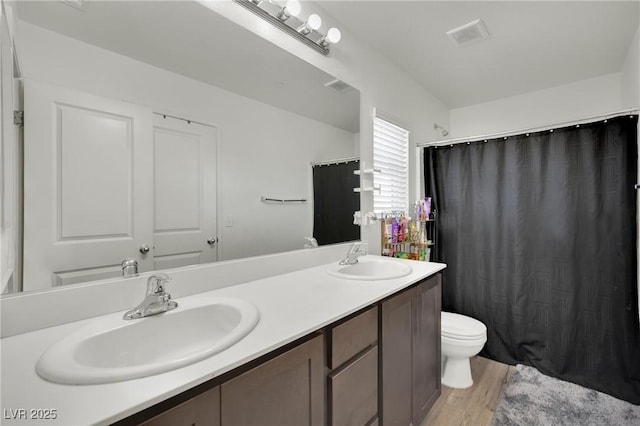 bathroom with wood-type flooring, toilet, and vanity