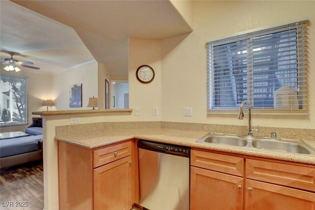 kitchen featuring hardwood / wood-style floors, sink, ornamental molding, ceiling fan, and stainless steel dishwasher