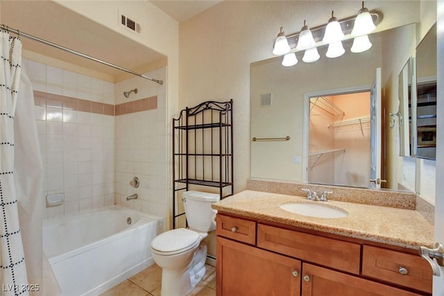 full bathroom with toilet, vanity, shower / tub combo with curtain, and tile patterned floors