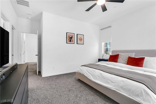 bedroom with ceiling fan and carpet