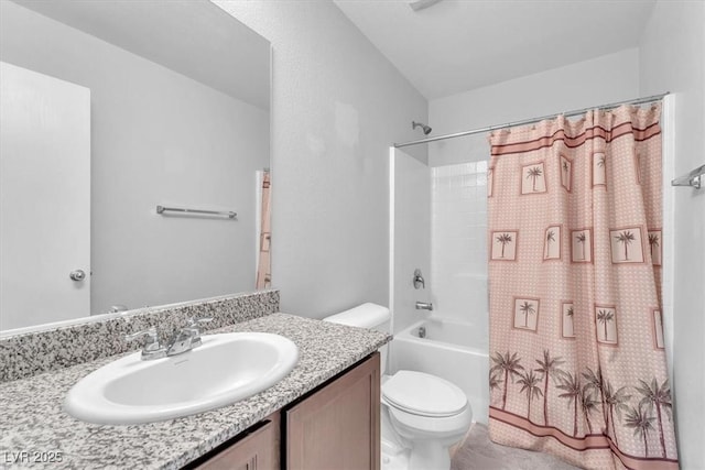 full bathroom with toilet, vanity, and shower / bath combination with curtain