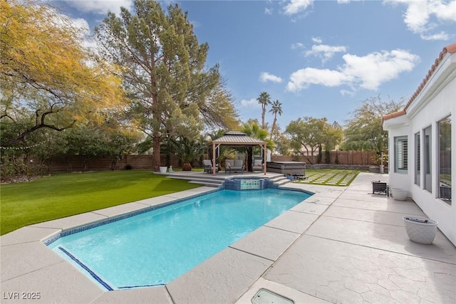 view of pool featuring a yard, a gazebo, a patio area, and an in ground hot tub