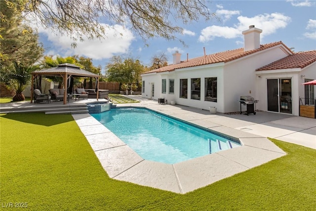 view of pool featuring a gazebo, a grill, a yard, and a patio area