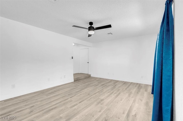 unfurnished room featuring ceiling fan, light hardwood / wood-style floors, and a textured ceiling