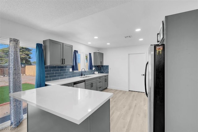 kitchen with appliances with stainless steel finishes, gray cabinets, and kitchen peninsula