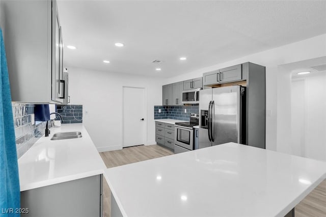 kitchen featuring gray cabinets, stainless steel appliances, backsplash, light hardwood / wood-style flooring, and sink