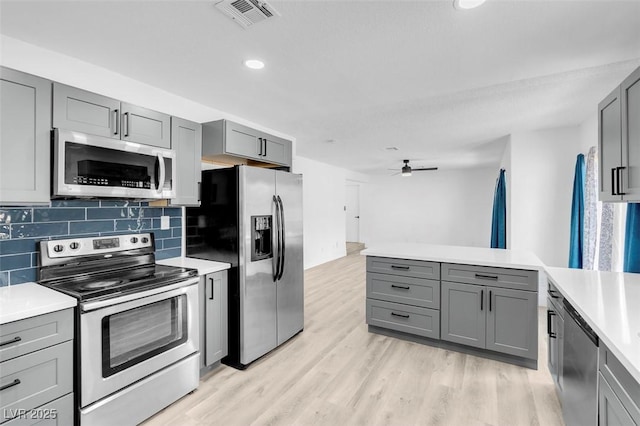 kitchen with ceiling fan, appliances with stainless steel finishes, tasteful backsplash, and gray cabinets